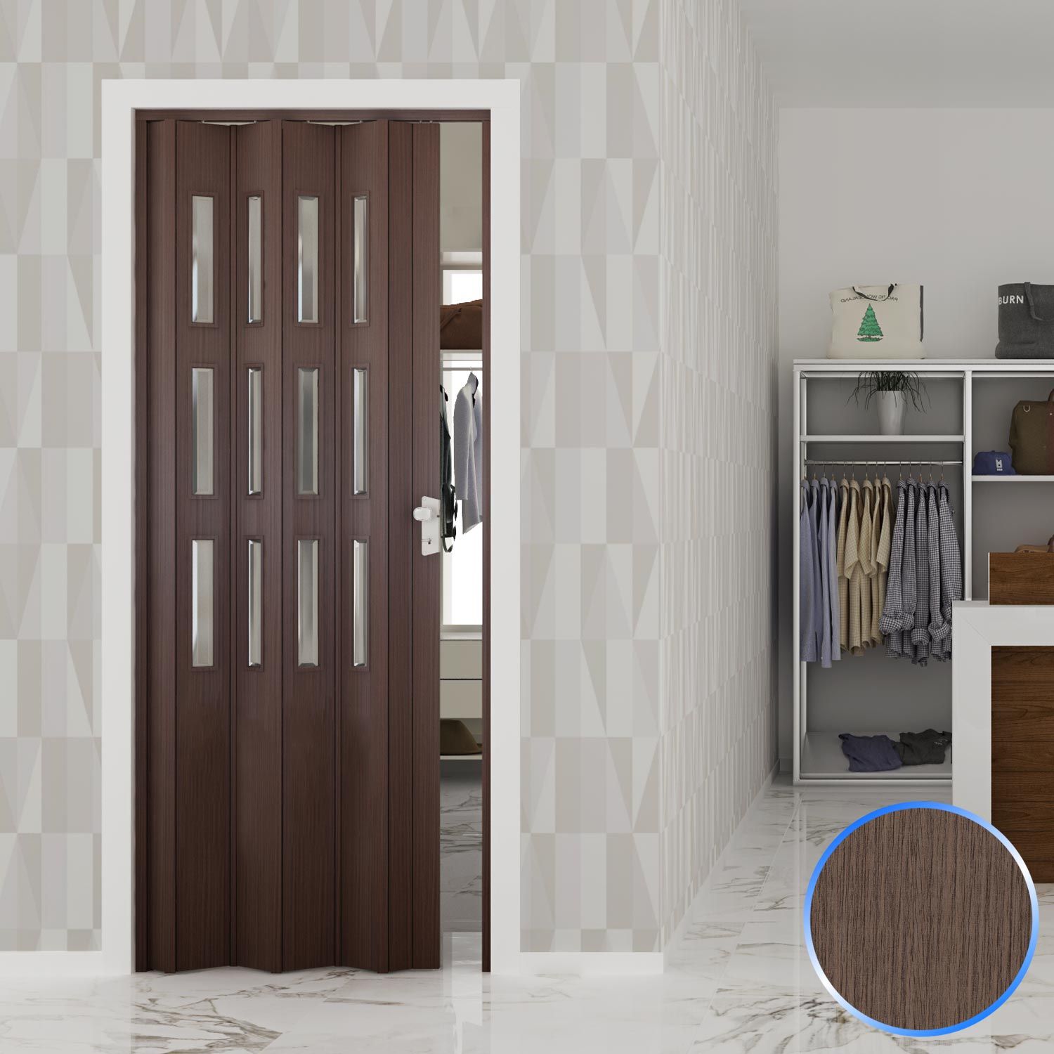 Porta a Soffietto da Interno in PVC Rovere Tortora Vetro Satinato 88,5x214  cm mod. Luciana